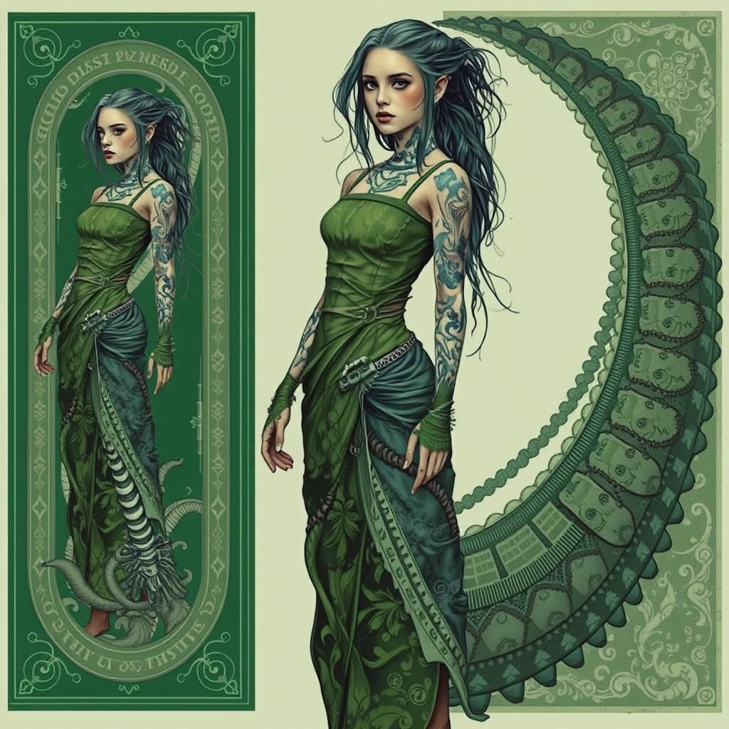 Cyborg Woman in Green Dress, H.R. Giger Style