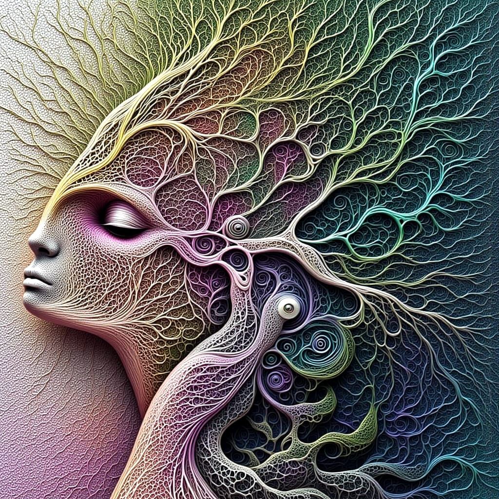 Surreal Abstract Nymph Face with Cubic Waterfalls and Grids