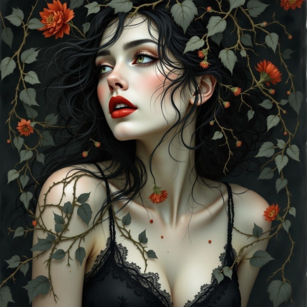 Romantic Art Nouveau Woman Embracing Dark Beauty