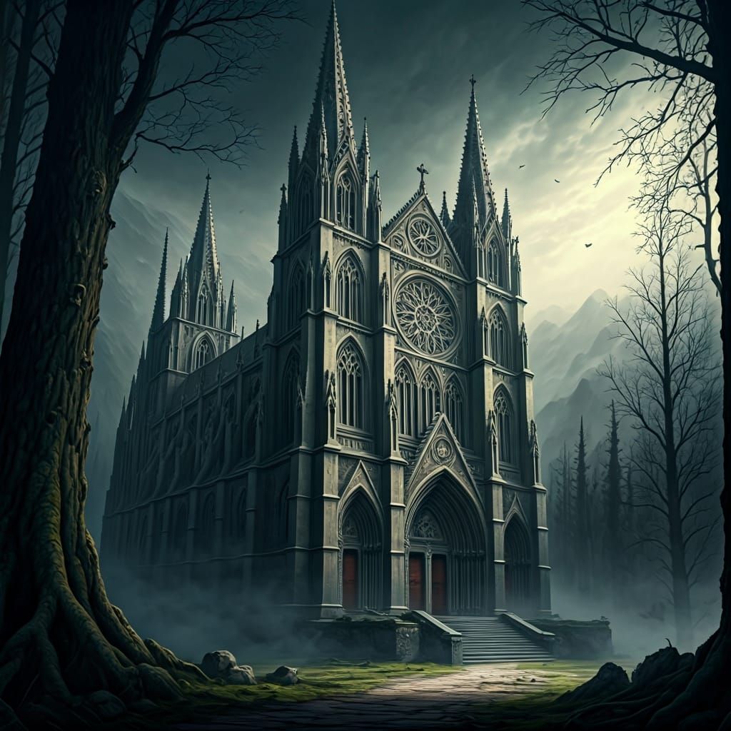 Gothic Cathedral in Mist: A Dark Fantasy Illustration