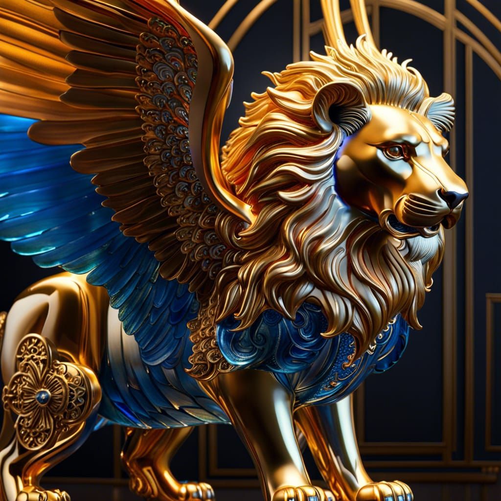 Blue Blown Glass Winged Lion Sculpture