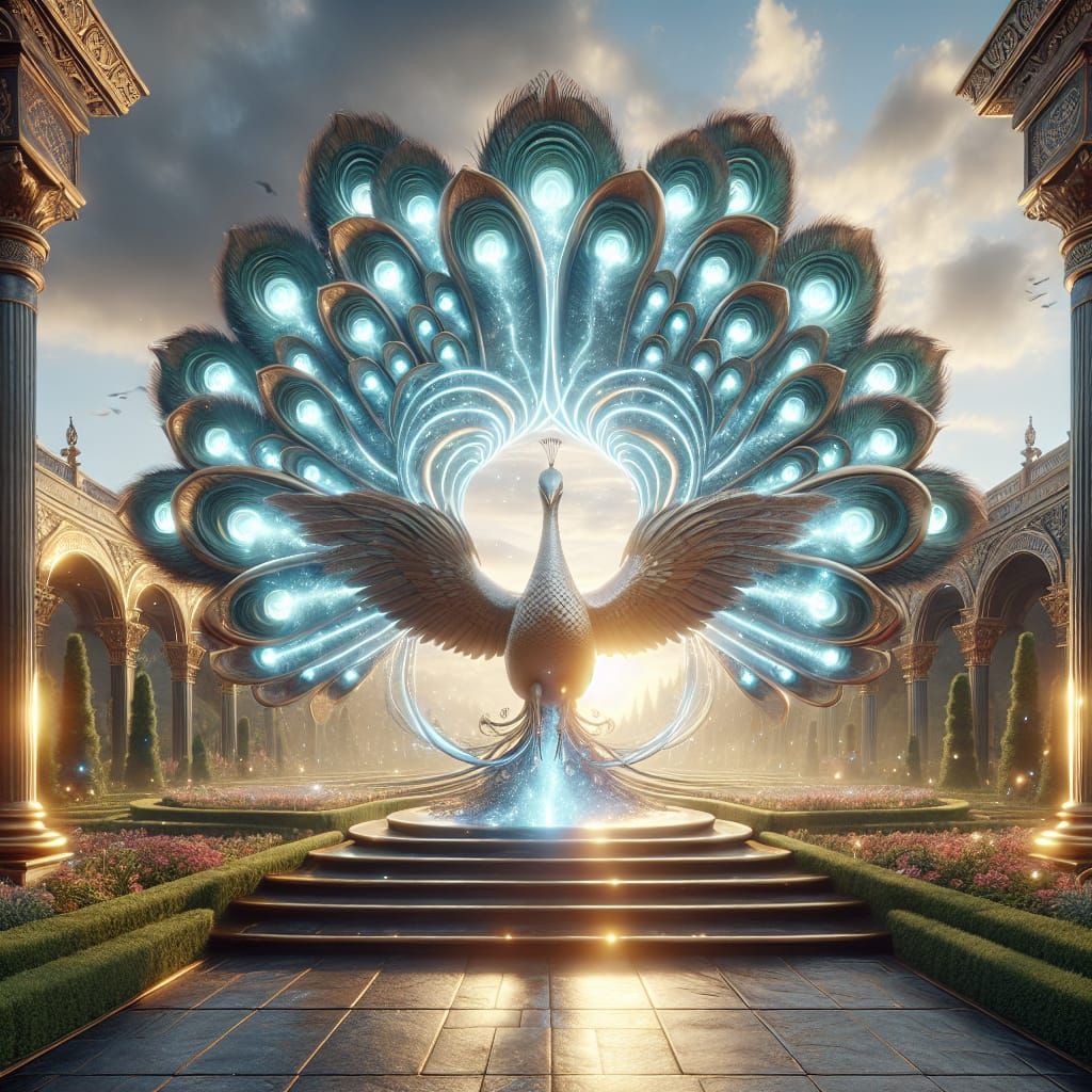 Epic Fantasy Portal Scene of Majestic Peacock Statue