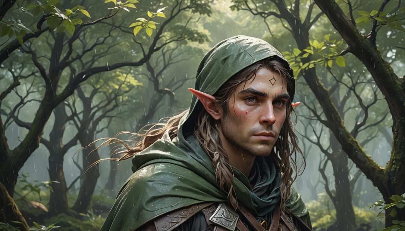 Elven Ranger Portrait in Rainy Wilderness