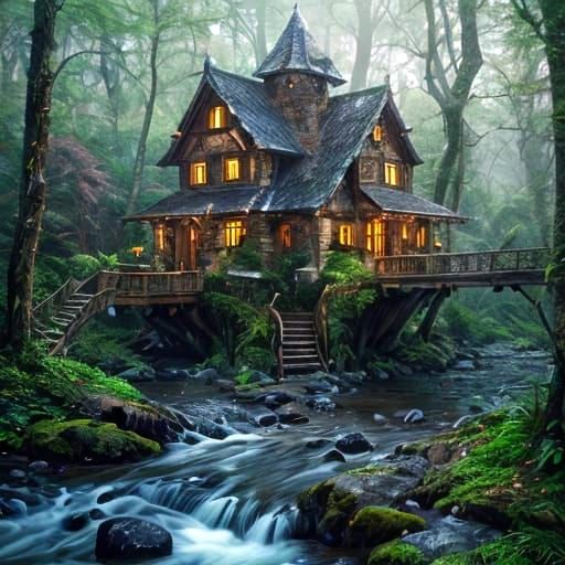 Fantasy Forest House on River in CGI Style