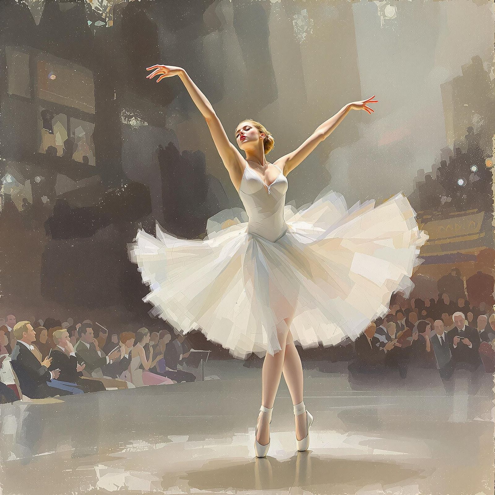 Elegant Ballerina on Grand Stage in Soft Oil Pastel Style