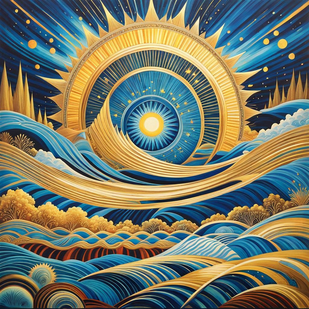Ancient Painting of Sun and River with Psychedelic Forms