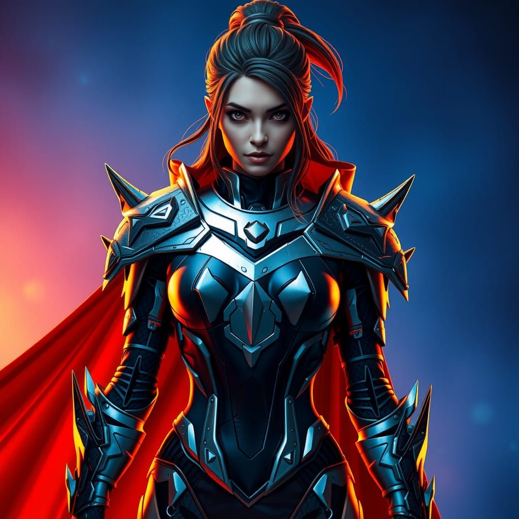 Edgy Female Warrior in Metallic Armor and Neon City