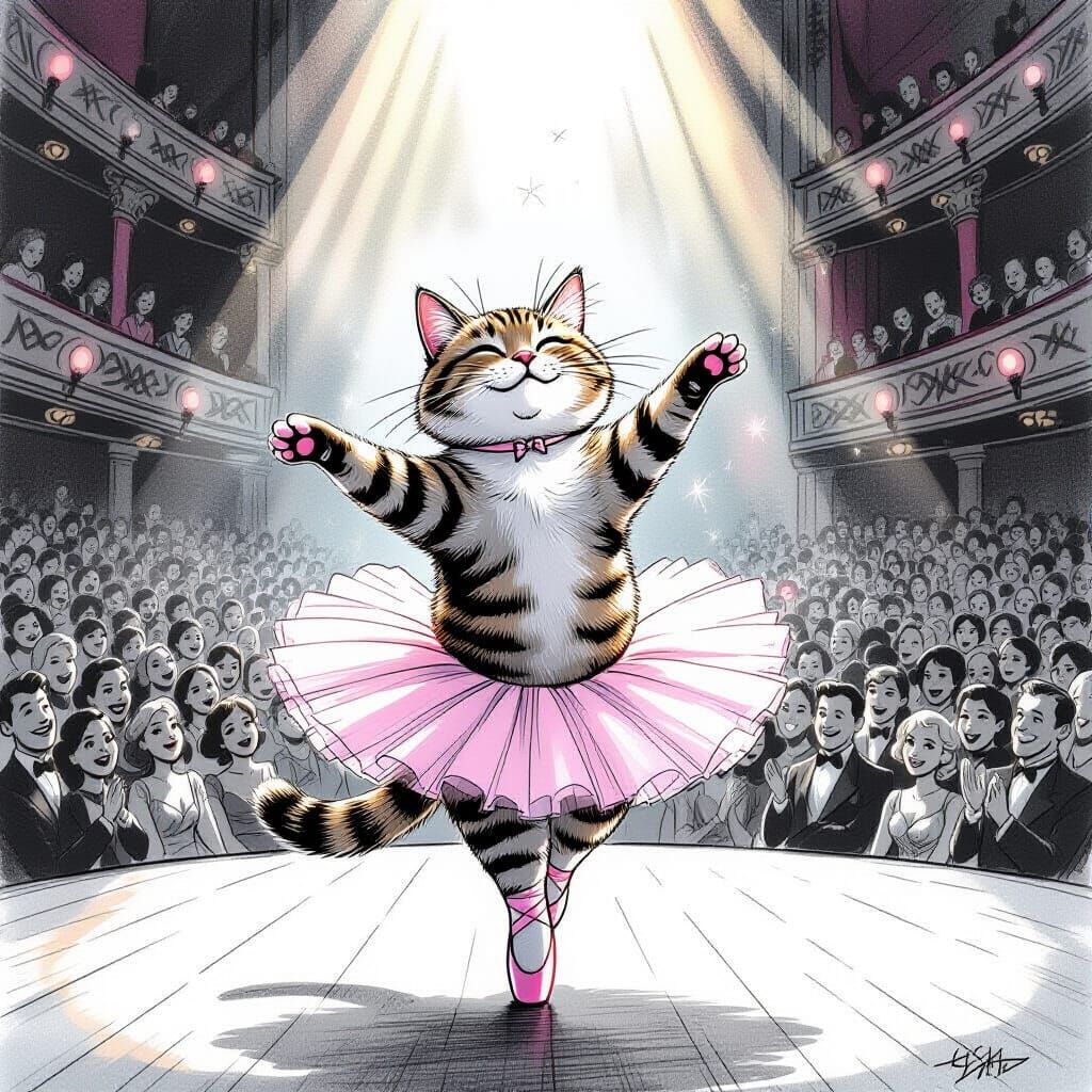 Plump Cat Dances Ballet in Comic Style