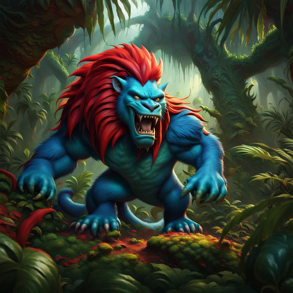 Menacing Blue Monster Roaring in Jungle, 3D Art
