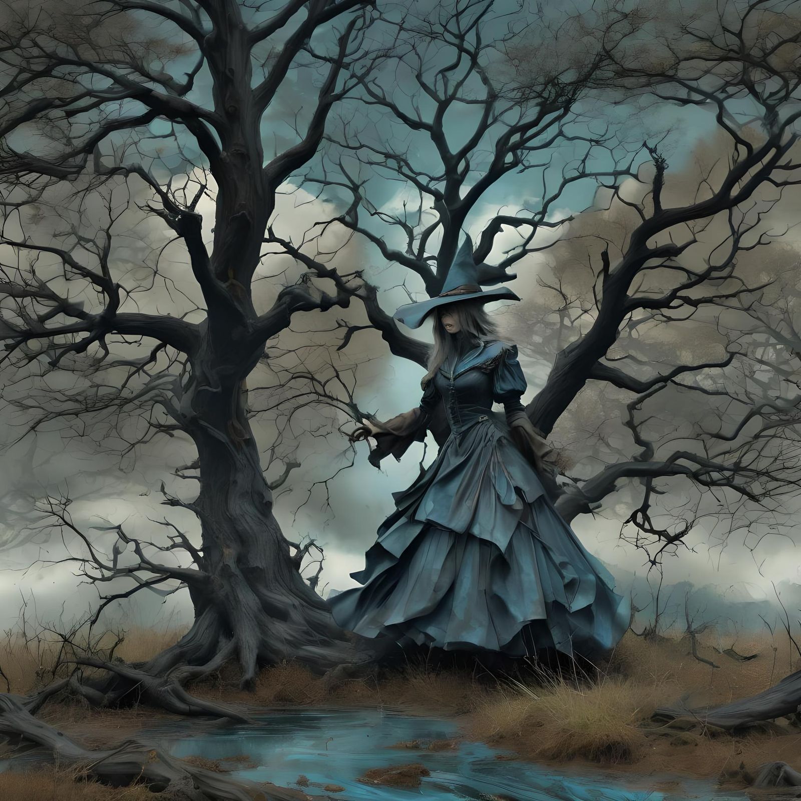 Macabre Horror Scene: Witch's Tree in Barren Meadow