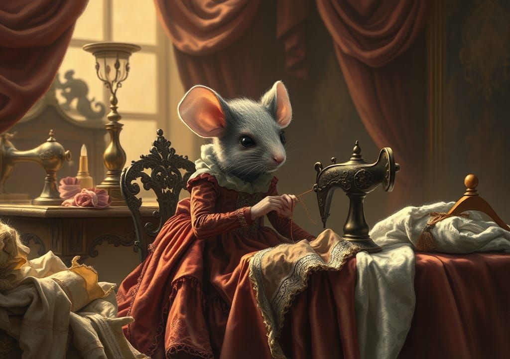 Fairytale Mouse Seamstress in Dreamlike Fantasy Setting