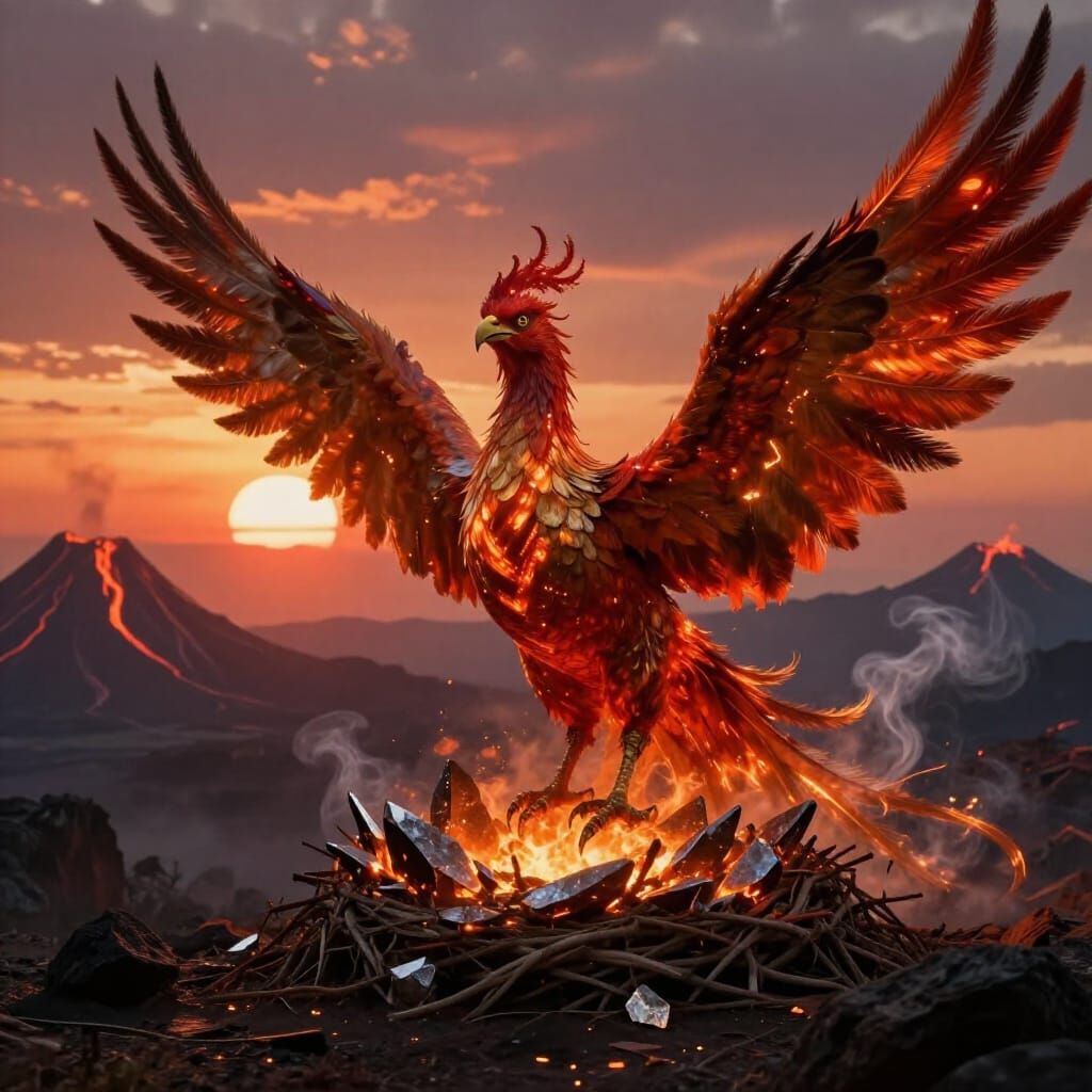 Majestic Phoenix Rests on Obsidian Nest Under Binary Sunset