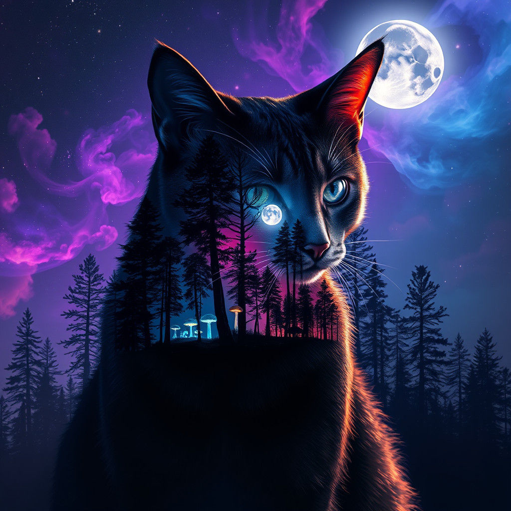 Celestial Cat: Double Exposure Forest and Nebulae