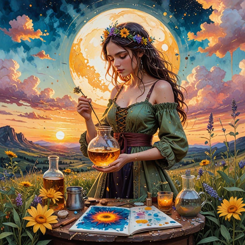 Whimsical Alchemist Creates Enchanted Potion in Sunset Splas...