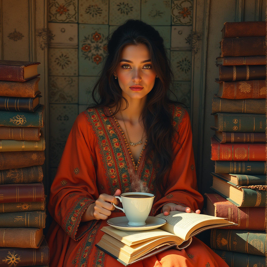 Moroccan Woman's Portrait with Coffee and Books