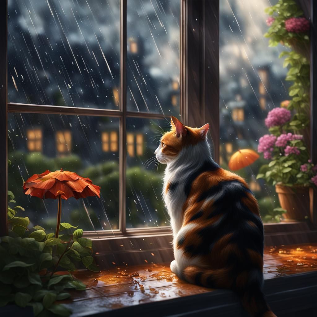 Calico Cat Rainy Garden Matte Painting