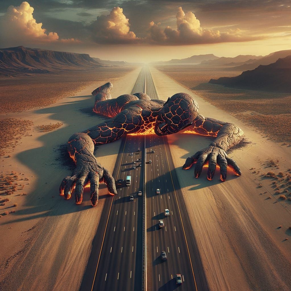 Lava Giant Disrupts Desert Highway: Photo-Surrealism
