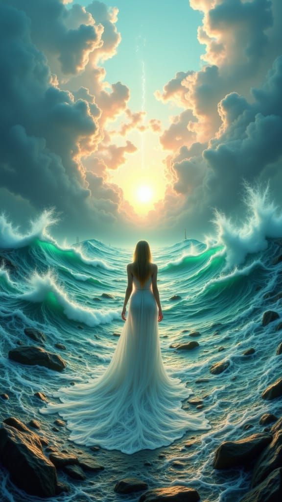 Ocean Duality: Serene Woman Amidst Tempest