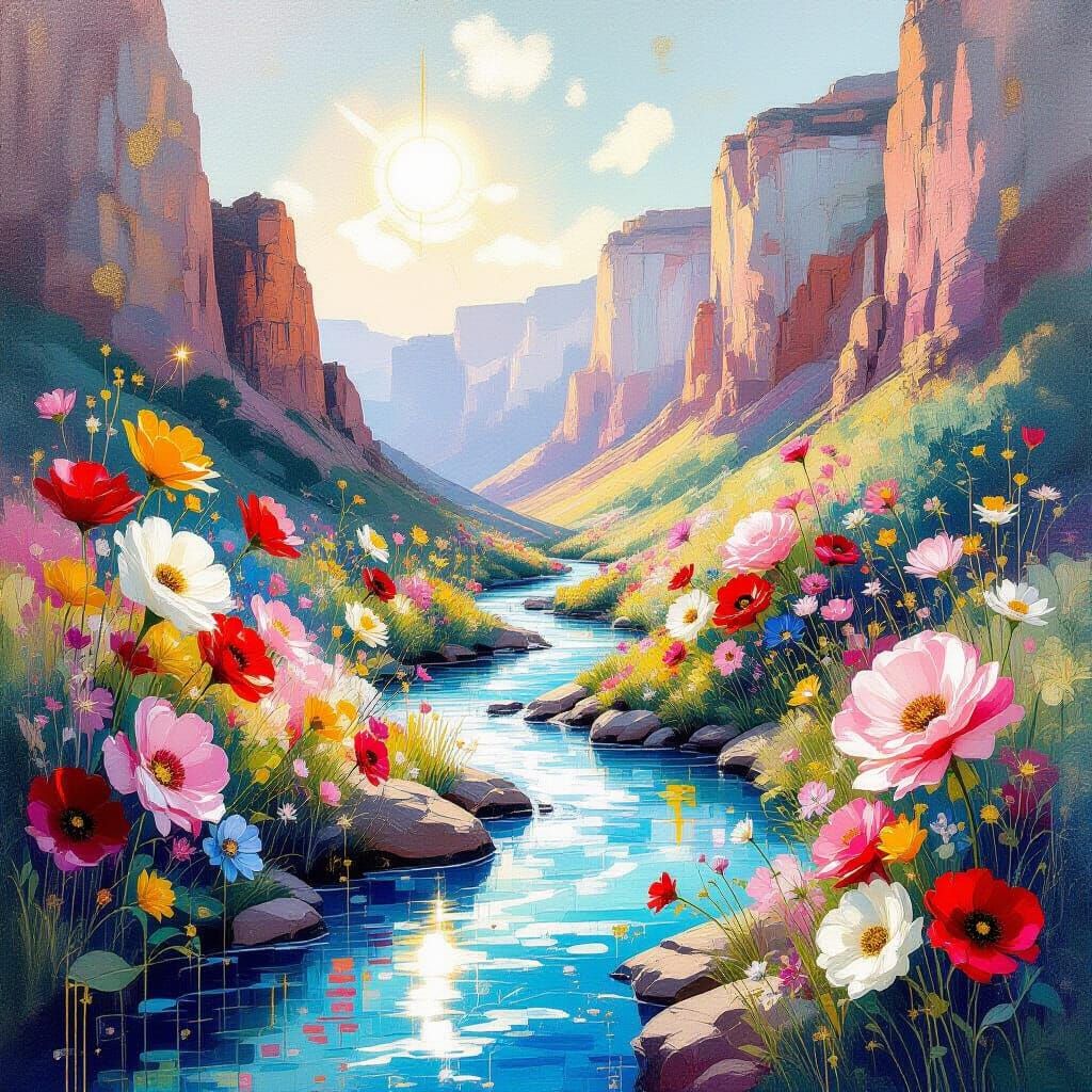 Canyon River with Floral Circuitry in Metamodern Style