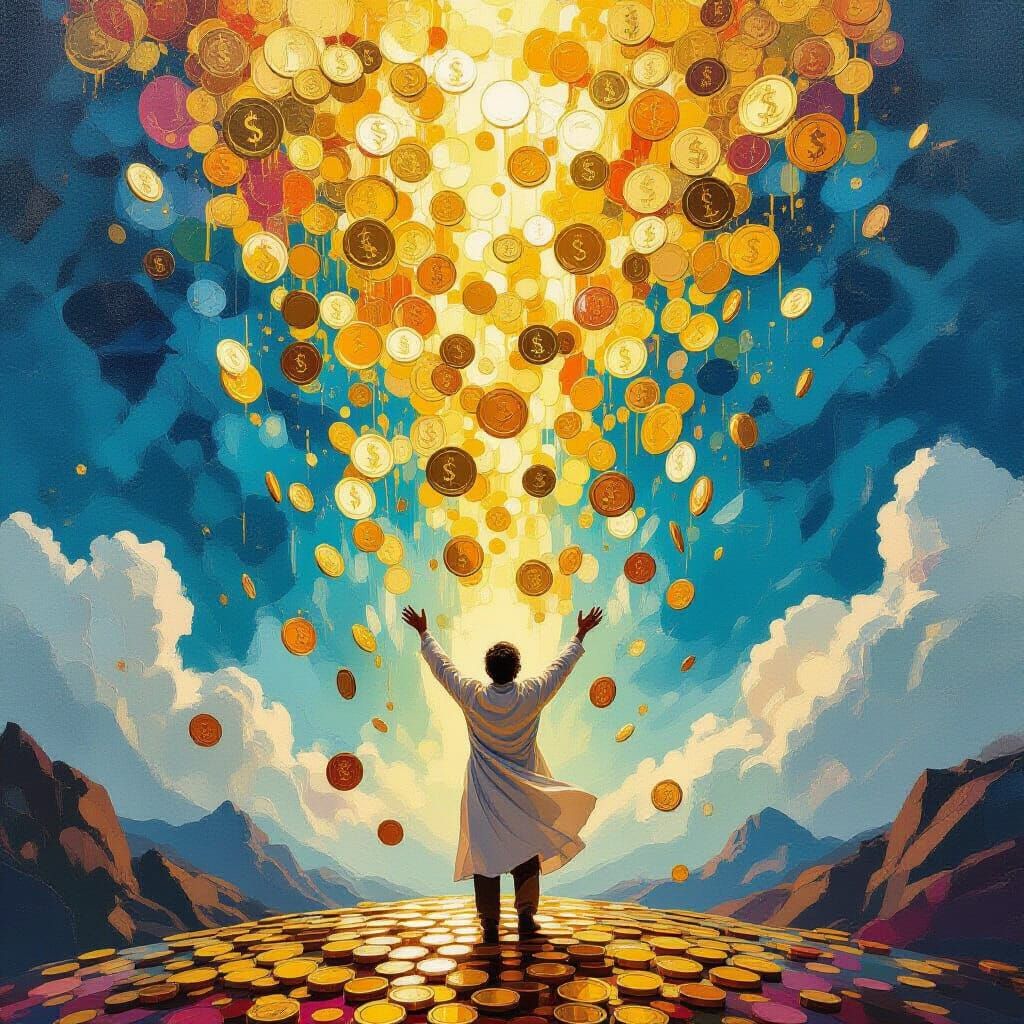 Triumphant Figure Amidst Golden Coin Shower