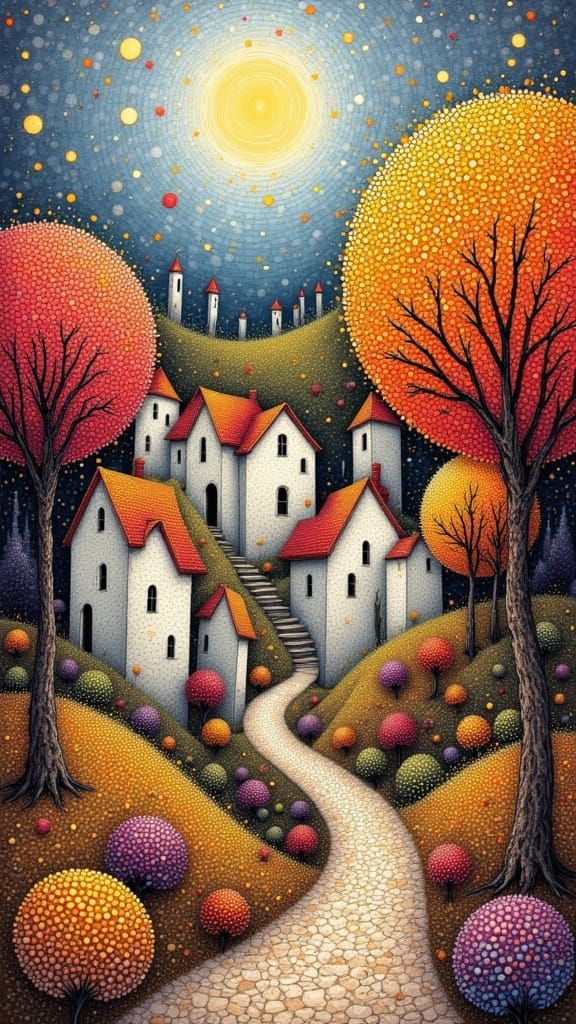 Vibrant Pointillist Village Landscape Under a Luminous Moon