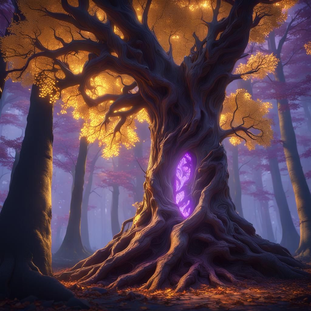 Magical Tree with Glowing Leaves in Dark Forest