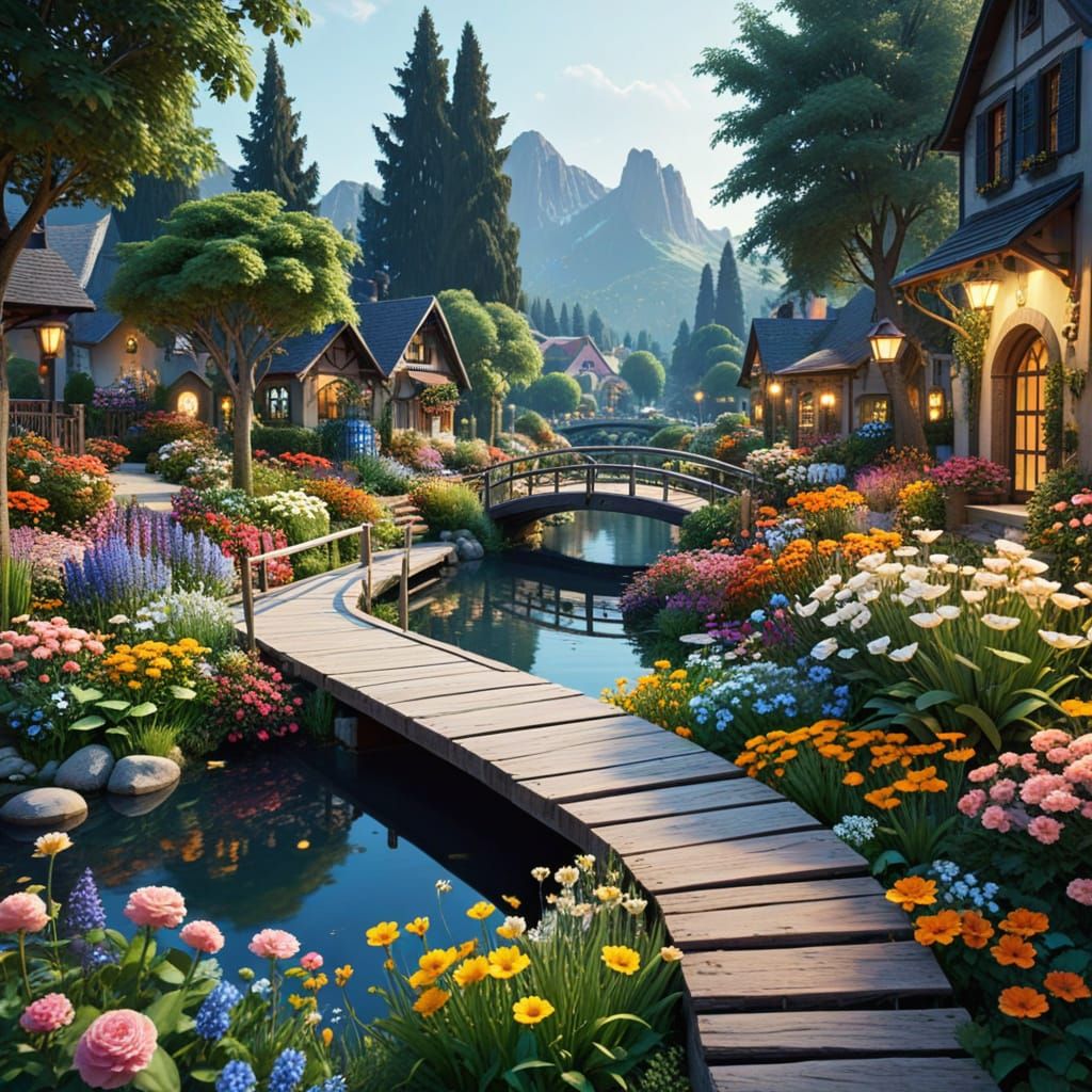 Surreal Cityscape with a Floral Utopia Bridge