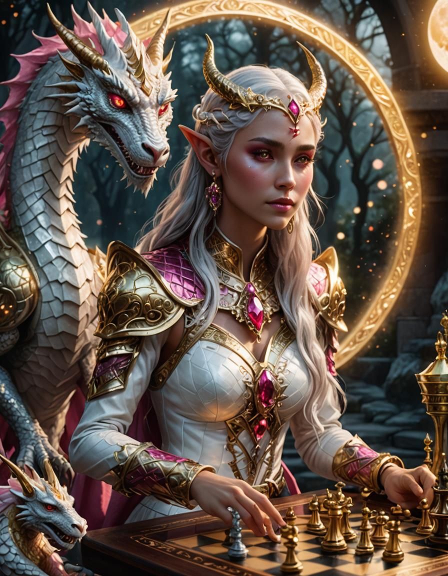 Elf Goddess with Moon Dragon in Fantasy Art