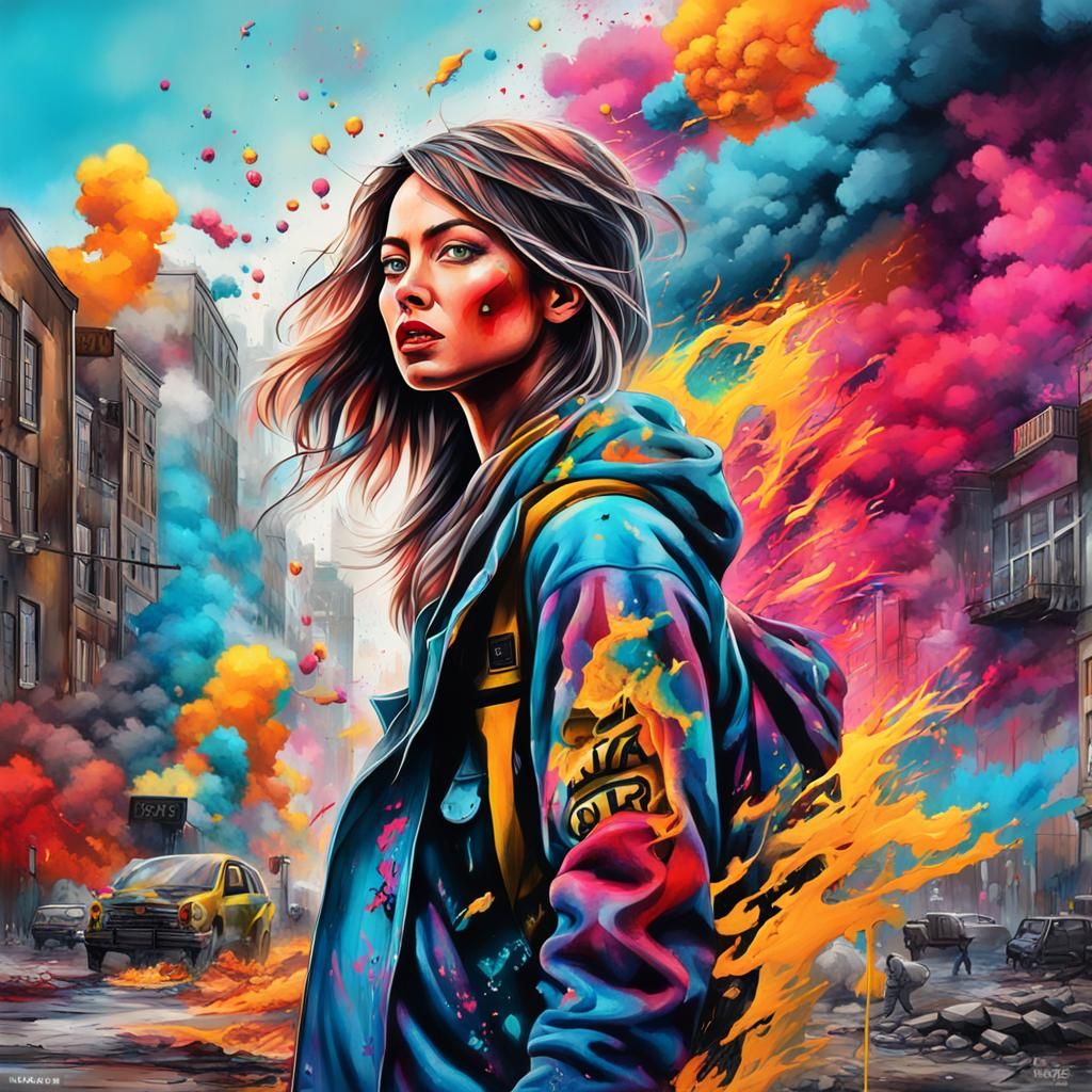 Empowered Woman Amidst Urban Decay: Street Art