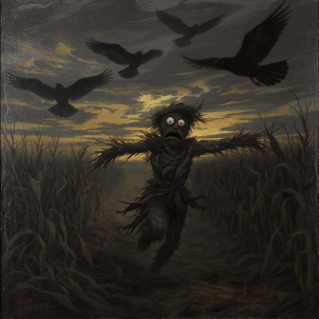 Scarecrow Flees Crows at Dusk in Painterly Style
