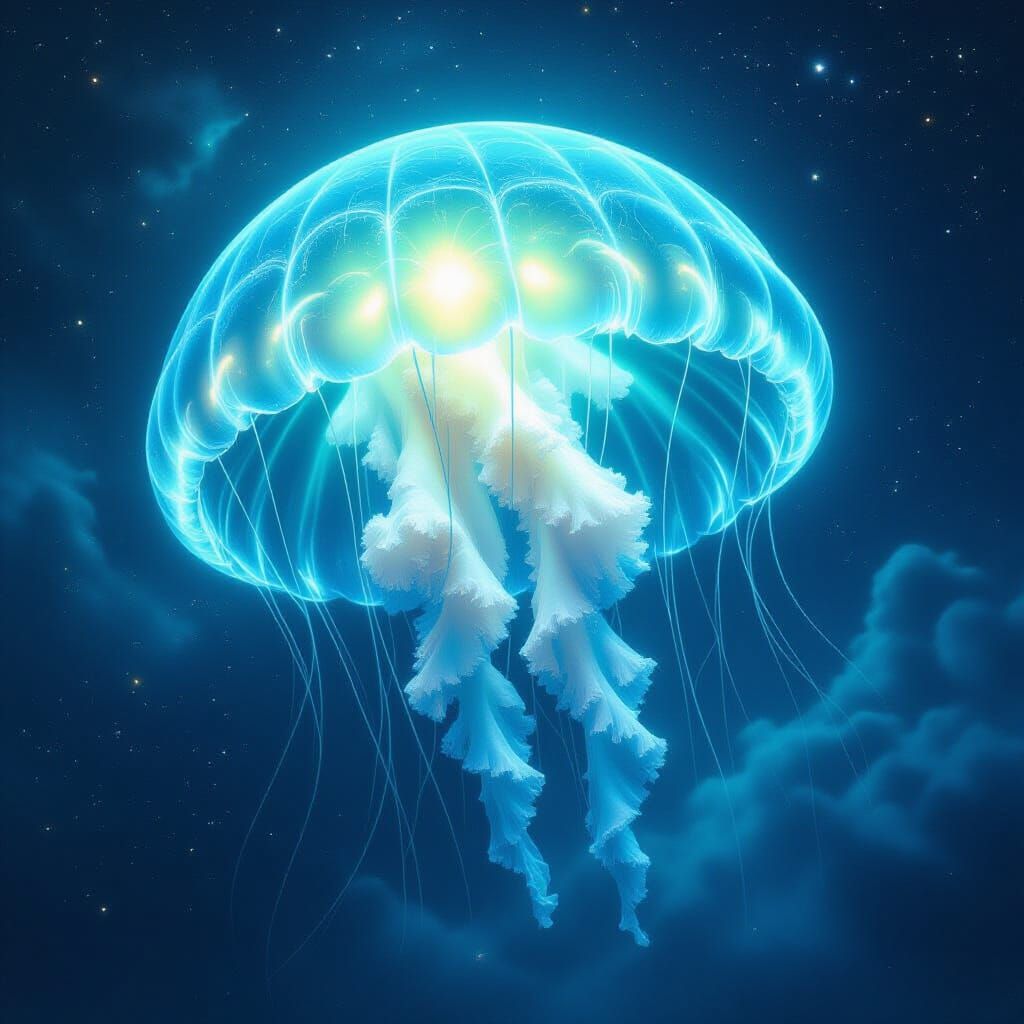 Bioluminescent Jellyfish Drifting Through Saturn's Rings