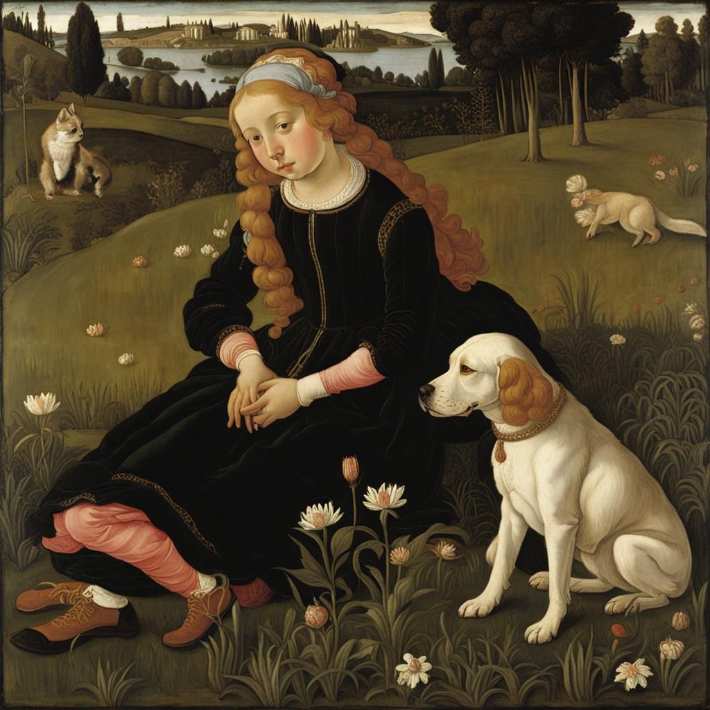 Girl and Dog in Meadow: Renaissance Style