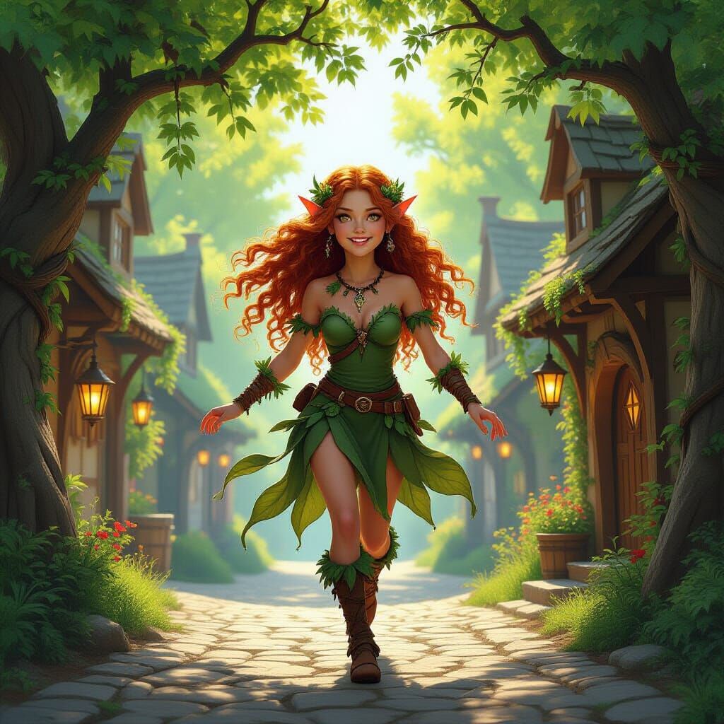 Elven Druid Girl in Forest Grove Town