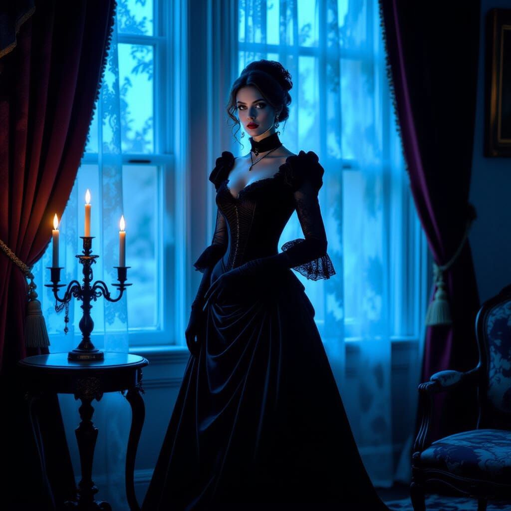 Victorian Woman Bathed in Blue Moonlight Oil Painting