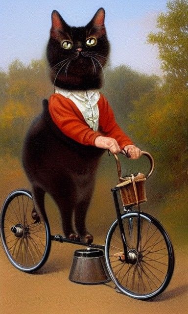Victorian Cat Rides Penny Farthing in Oil Painting