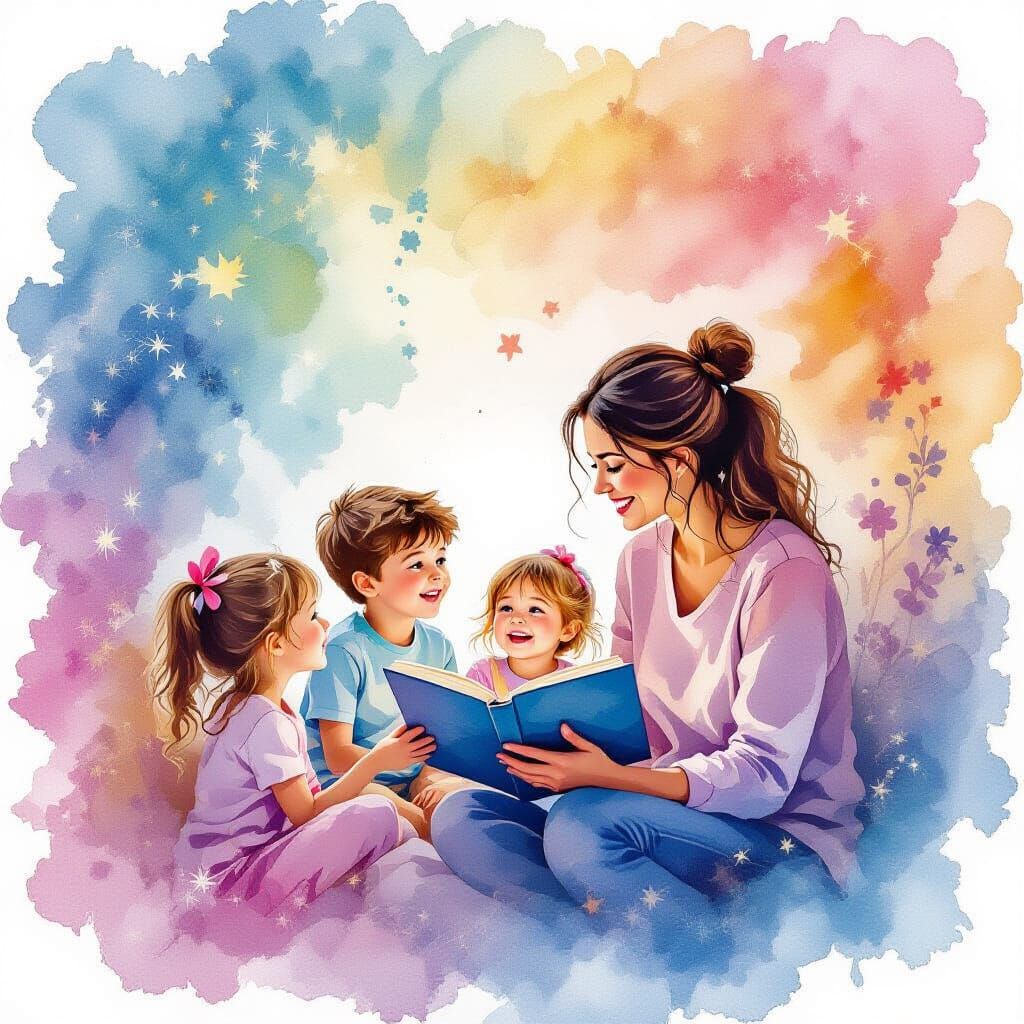 Mother Telling Stories in Alcohol Ink Splatter Style