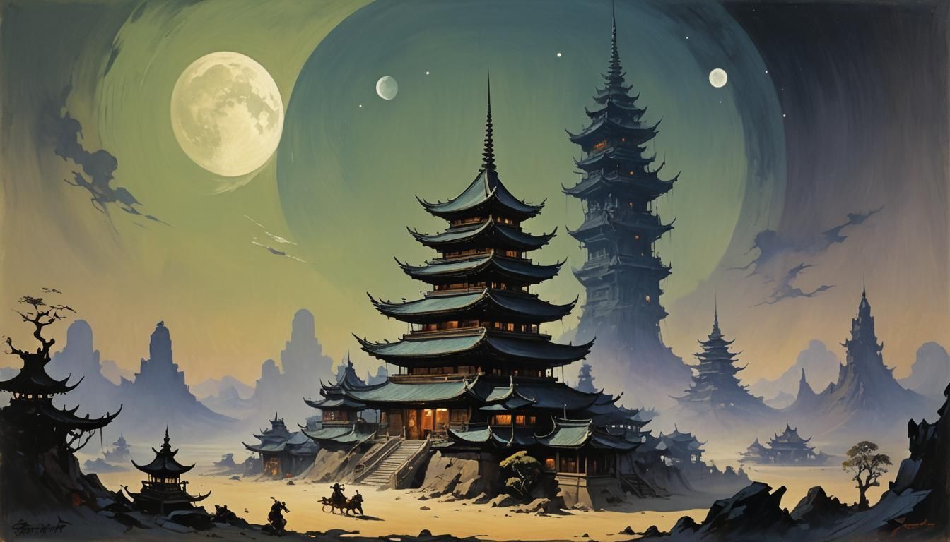 Surreal Pagoda in Moonlight, Fantasy Illustration