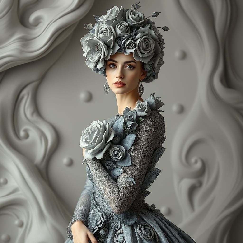 Elegant Woman in Grey Monochrome Art Nouveau Portrait