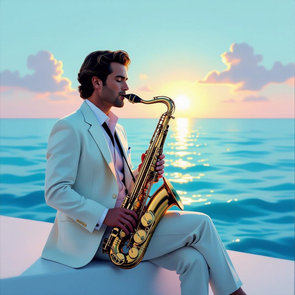 Saxophone by the Sea in Minimalist Painting Style