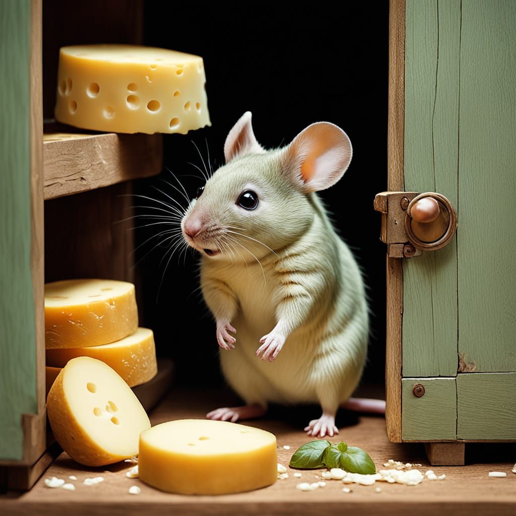 Mouse Eating Cheese in Refrigerator: Whimsical Illustration