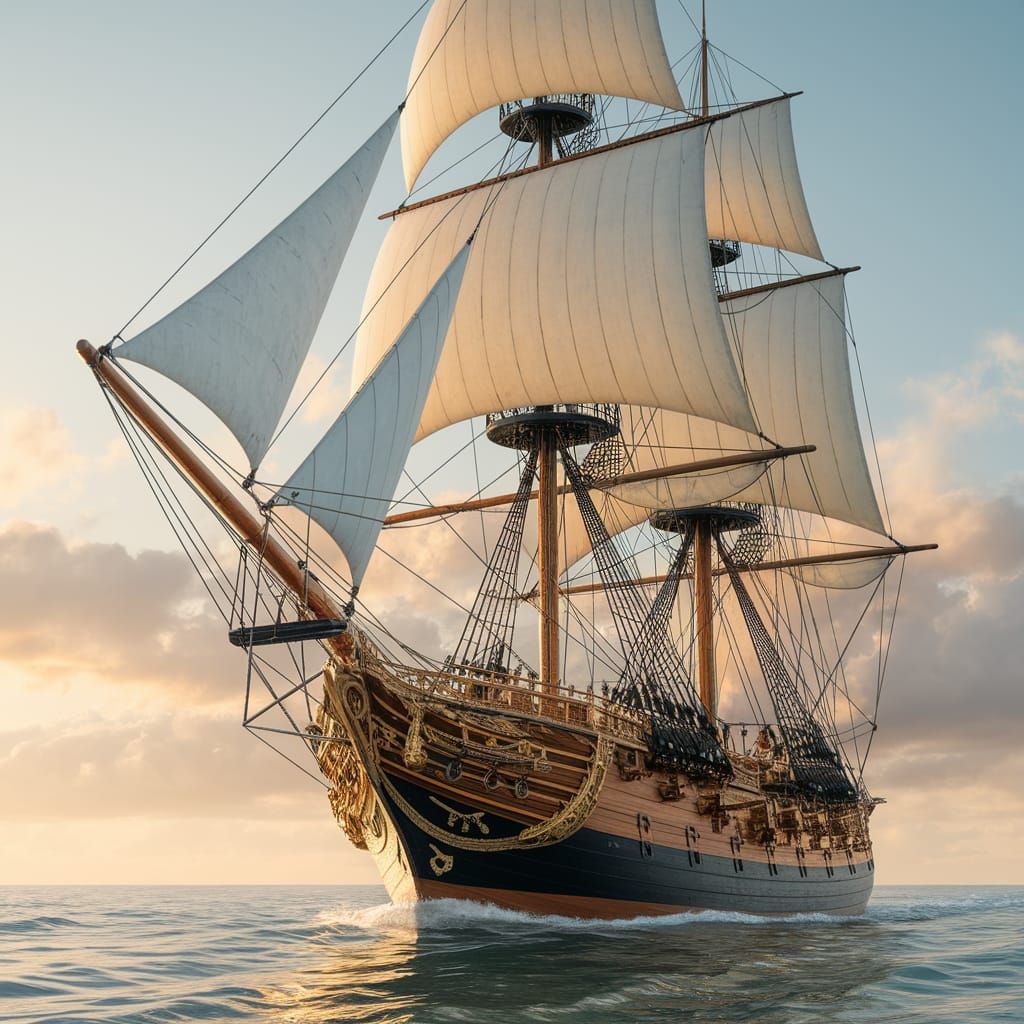 Historical Frigate Sails Through Calm Waters in Golden Light