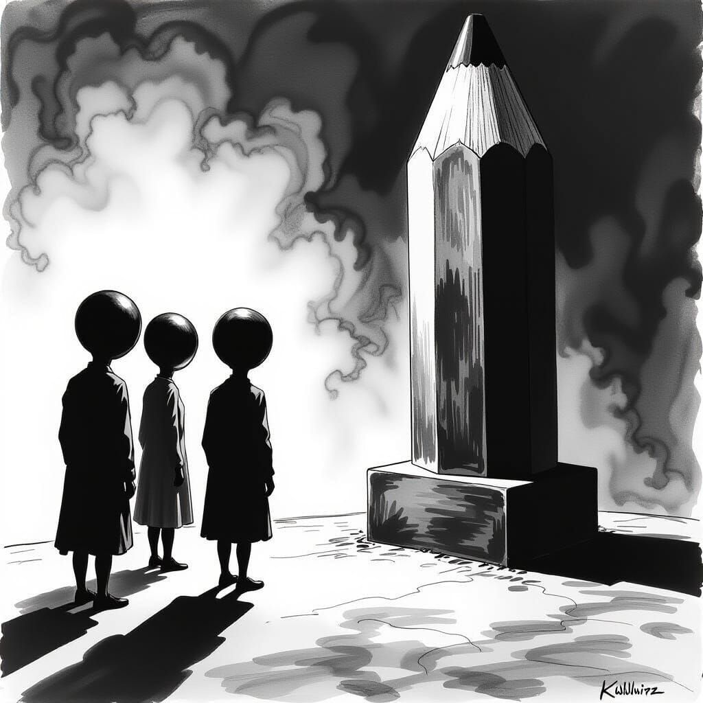 Charcoal Drawing of Figures Approaching Pencil Statue