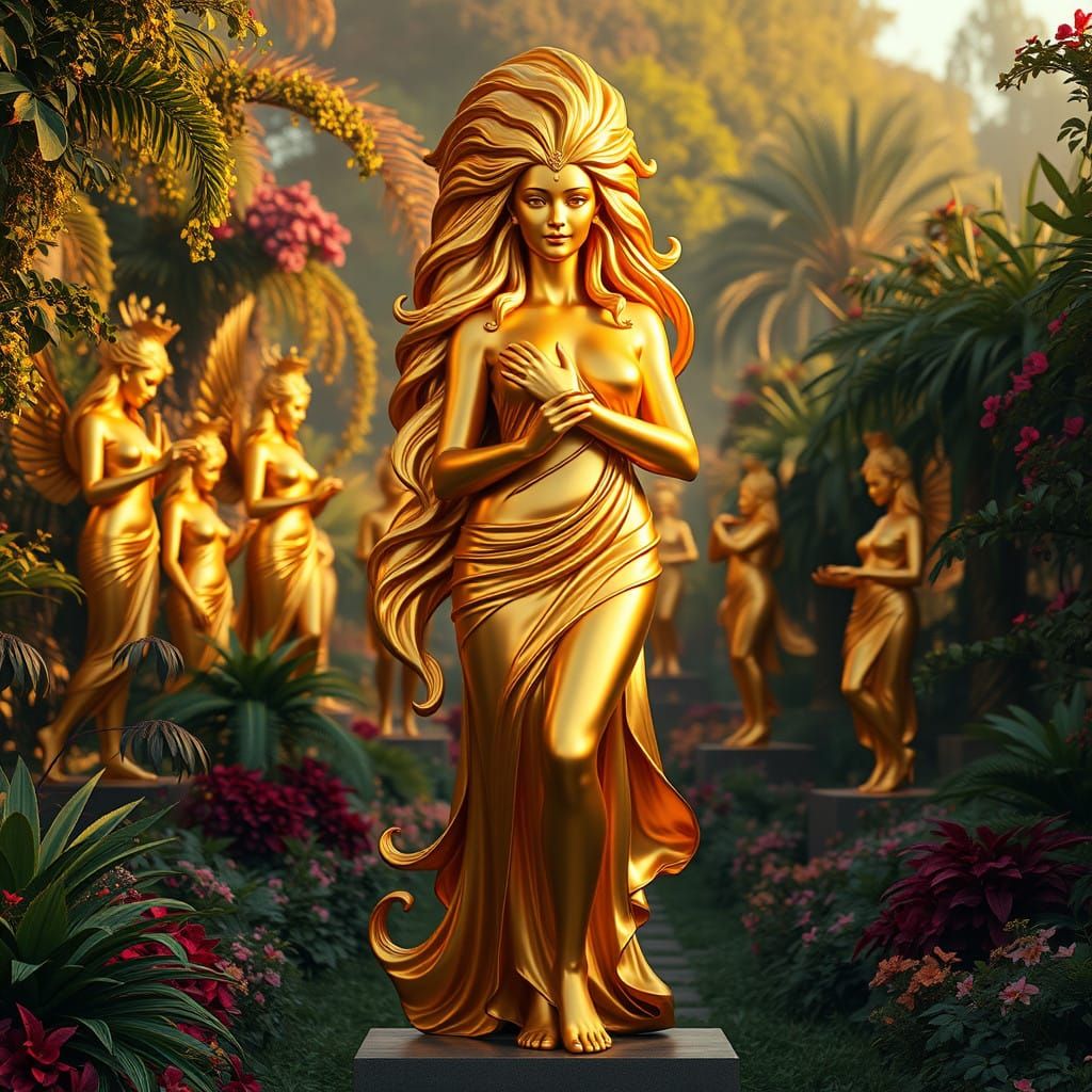Golden Goddess of Ancient Lore in Vibrant Garden