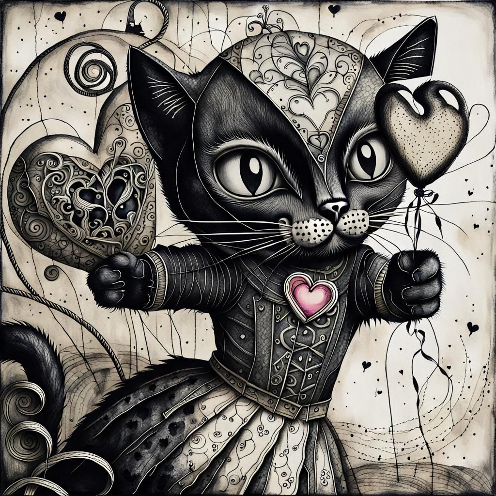 a black and white etching of a black cat  holding a heart balloon, in the style of gothic surrealism, made of wire, deta...
