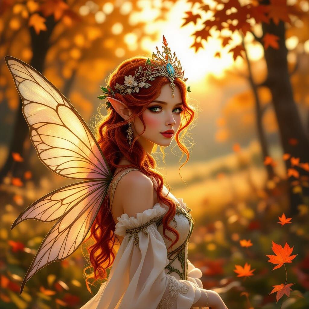 Fantasy Fairy in Autumn Landscape with Golden Hour Glow