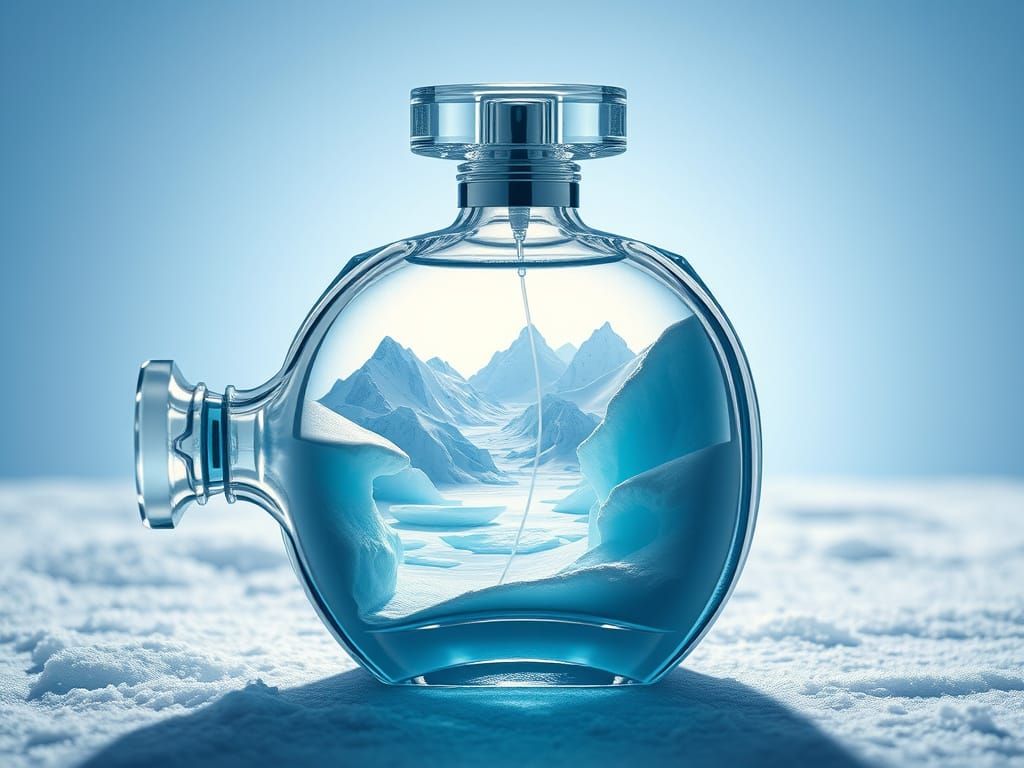 Hyperrealistic, photorealistic 8K sharp 300 DPI image of a glacier landscape: a perfume bottle shaped like a crystal-cle...