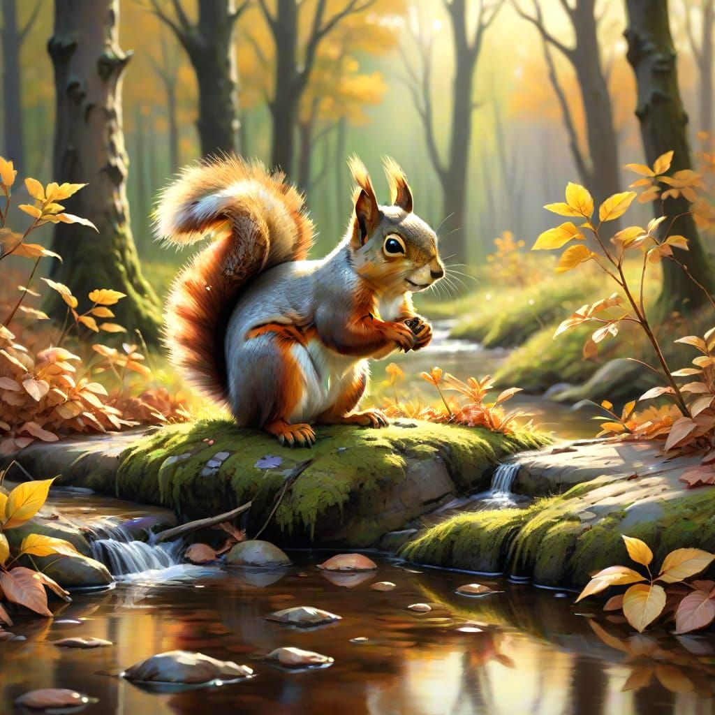 Surreal Autumn Forest Scene with Bushy Tailed Squirrel in Go...