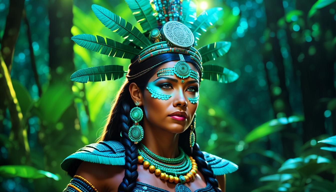 Mayan Lady in Dark Jungle with Stellar Energy