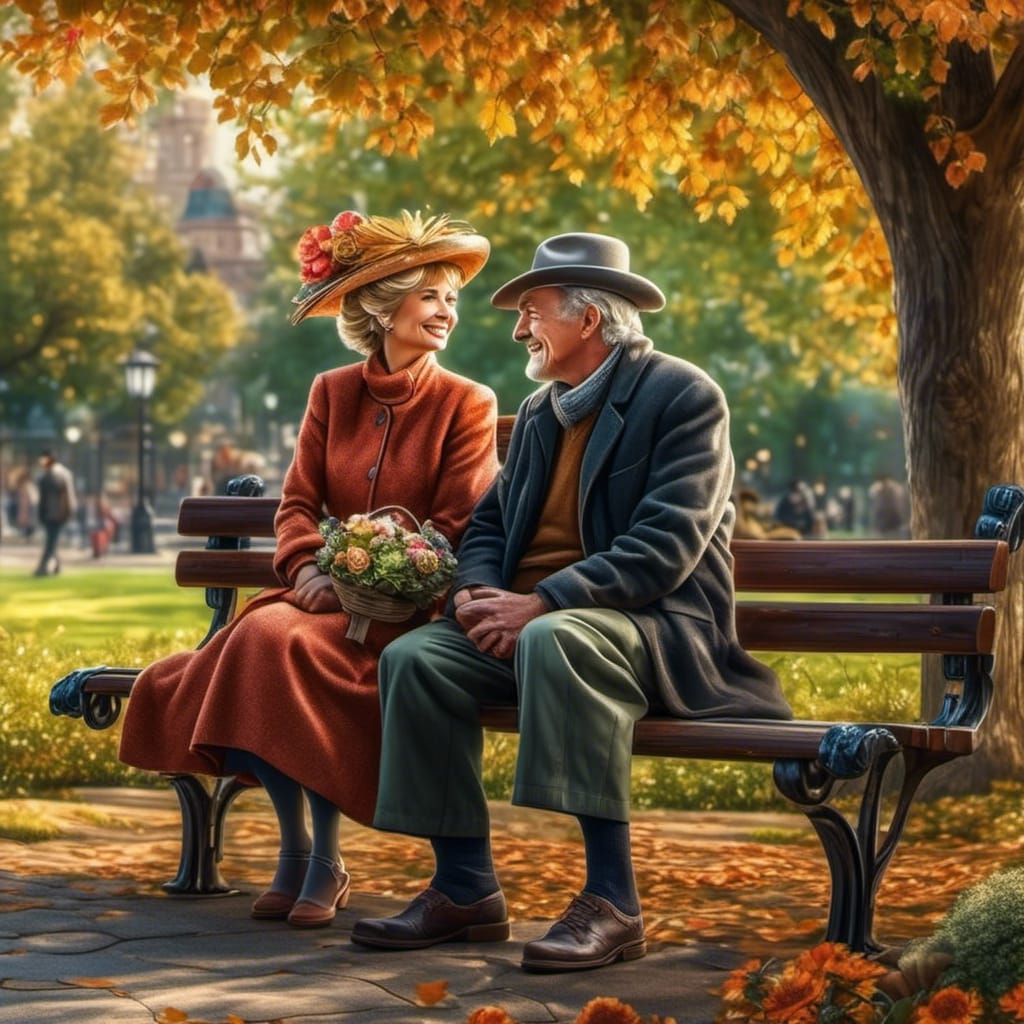Elderly Couple in Love, Rembrandt-Inspired Park Scene