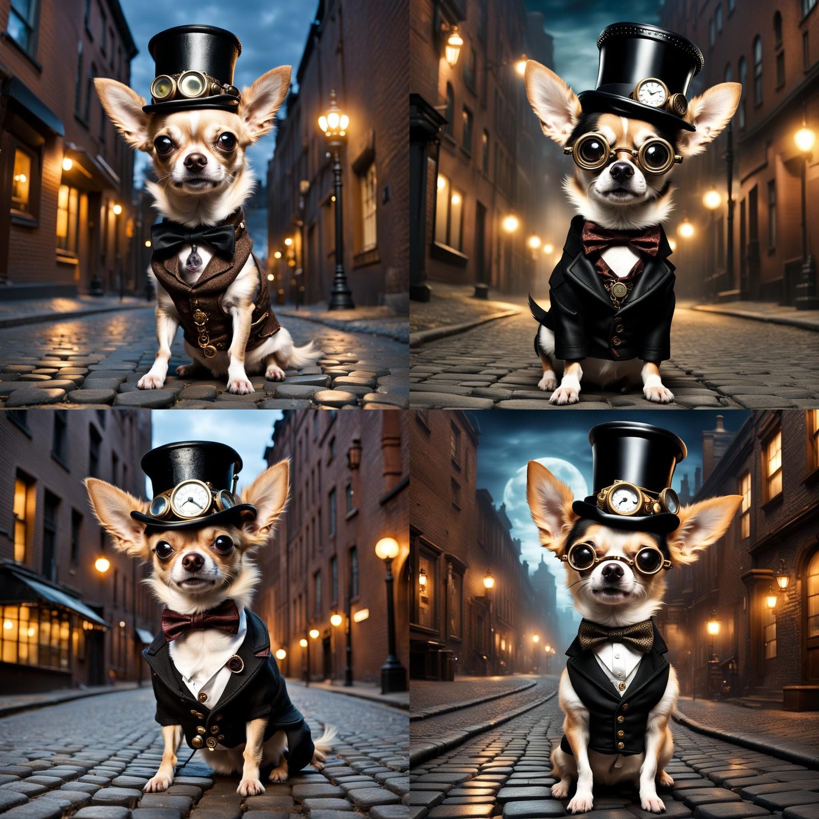 Steampunk Chihuahua in Top Hat at Night